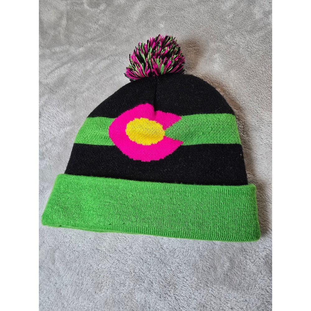 Aksels Colorado Pom Beanie Green Black Pink Yellow Winter Hat - Picture 2 of 4